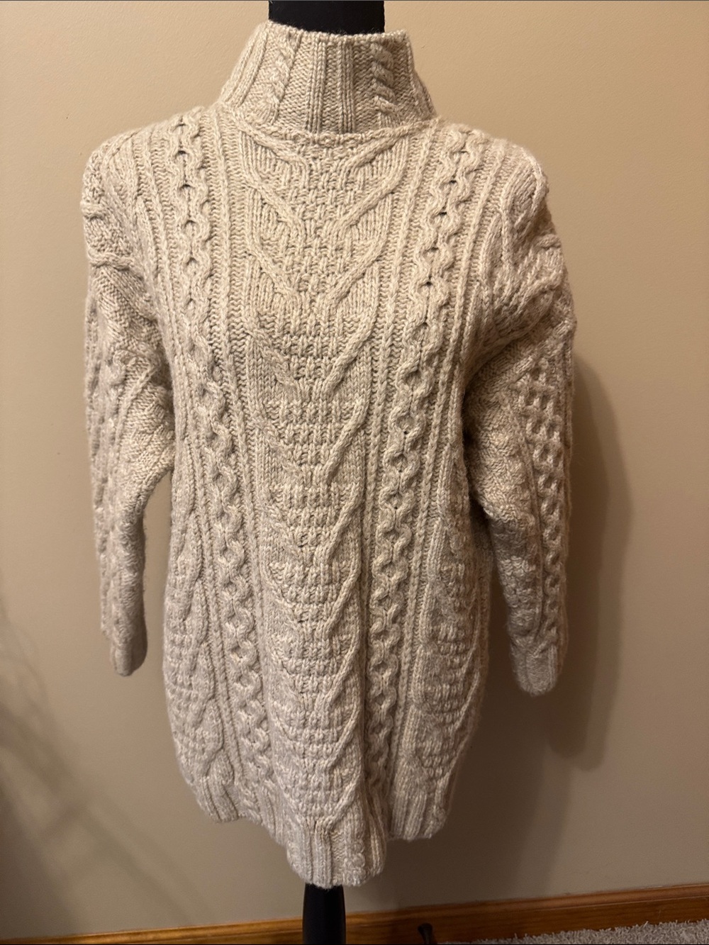 Aran Cable Knit Turtleneck Sweater - Cream